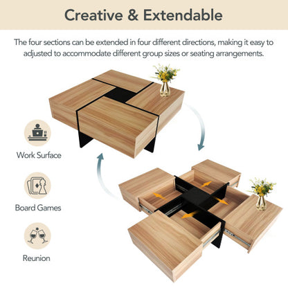 Square Coffee Table with Sliding Top Storage 4 Hidden Compartments Modern Living Room Table