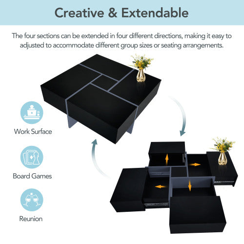 Modern Square Coffee Table Extendable Sliding Storage UV Gloss Living Room Center Table