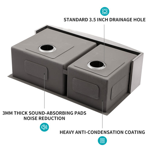 Double Bowl (60/40) Farmhouse Sink - 33"x21"x10" Stainless Steel Apron Front Kitchen Sink 16 Gauge with Two 10" Deep Basin