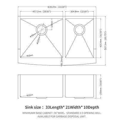 Double Bowl (60/40) Farmhouse Sink - 33"x21"x10" Stainless Steel Apron Front Kitchen Sink 16 Gauge with Two 10" Deep Basin