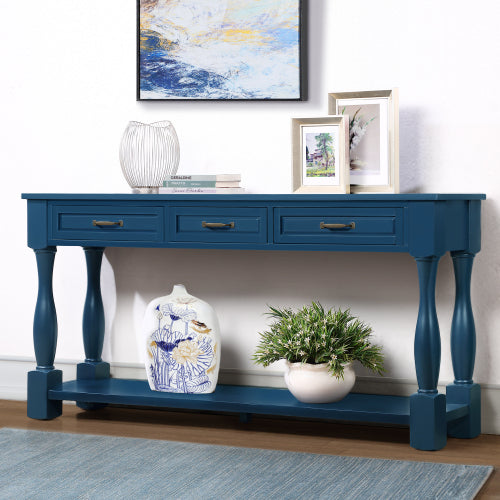 63 Inch Wood Console Table with 3 Drawers & Shelf Navy Blue Entryway Table