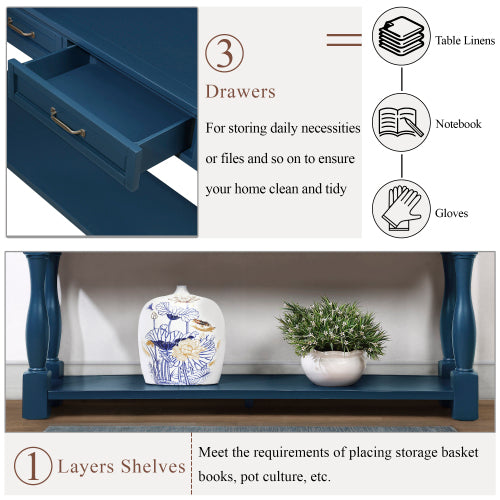63 Inch Wood Console Table with 3 Drawers & Shelf Navy Blue Entryway Table