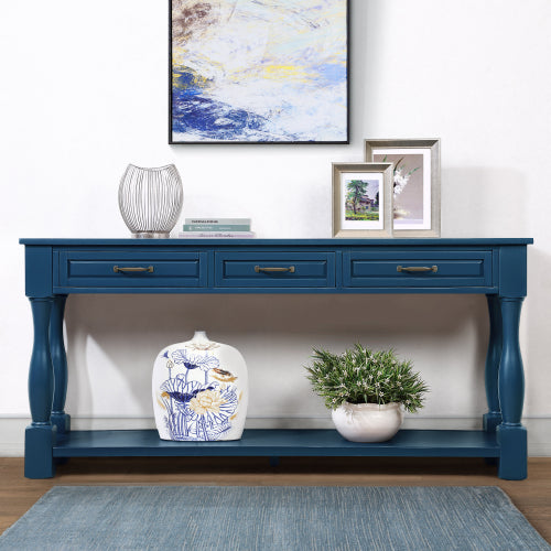 63 Inch Wood Console Table with 3 Drawers & Shelf Navy Blue Entryway Table