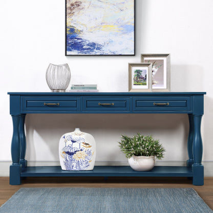63 Inch Wood Console Table with 3 Drawers & Shelf Navy Blue Entryway Table