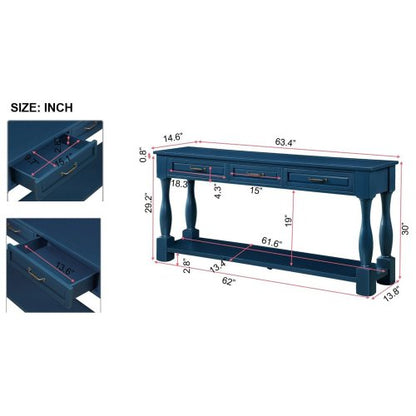 63 Inch Wood Console Table with 3 Drawers & Shelf Navy Blue Entryway Table