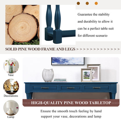 63 Inch Wood Console Table with 3 Drawers & Shelf Navy Blue Entryway Table