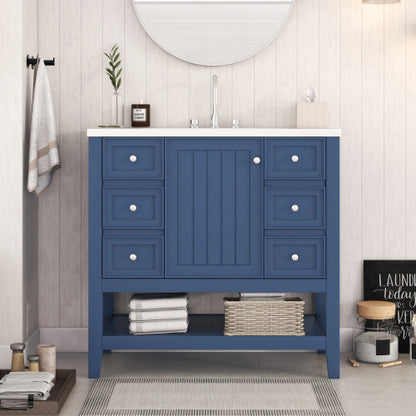 36" Bathroom Vanity with Sink, One Cabinet and Three Drawers, Solid Wood and MDF Board, Blue (Old Sku:SY999505AAC-6)