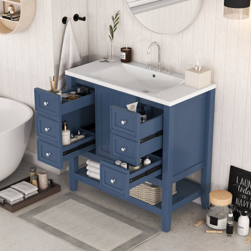 36" Bathroom Vanity with Sink, One Cabinet and Three Drawers, Solid Wood and MDF Board, Blue (Old Sku:SY999505AAC-6)