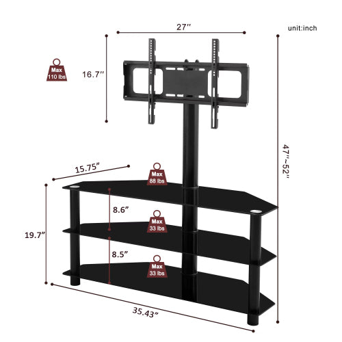 35.4 Inch Black 3-Tier Tempered Glass TV Stand, Swivel Height Adjustable Bracket for 32-65 Inch TV