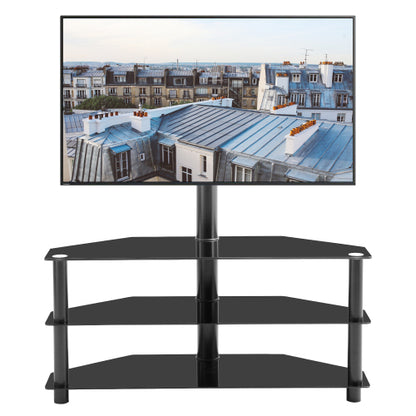 35.4 Inch Black 3-Tier Tempered Glass TV Stand, Swivel Height Adjustable Bracket for 32-65 Inch TV