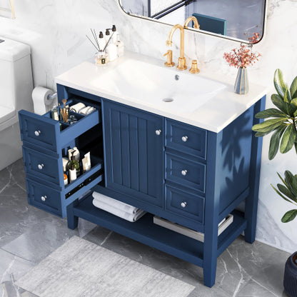 36" Bathroom Vanity with Sink, One Cabinet and Three Drawers, Solid Wood and MDF Board, Blue (Old Sku:SY999505AAC-6)