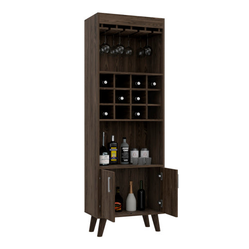 Bar Cabinet, Twelve Built-in Wine Rack, Double Door Cabinet, Two Shelves -Dark Walnut