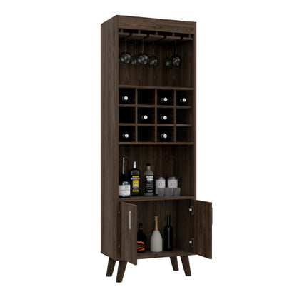 Bar Cabinet, Twelve Built-in Wine Rack, Double Door Cabinet, Two Shelves -Dark Walnut