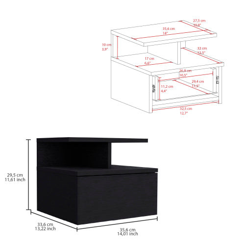 Black Floating Nightstand with Drawer & Shelves
