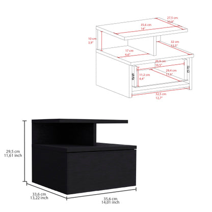 Black Floating Nightstand with Drawer & Shelves