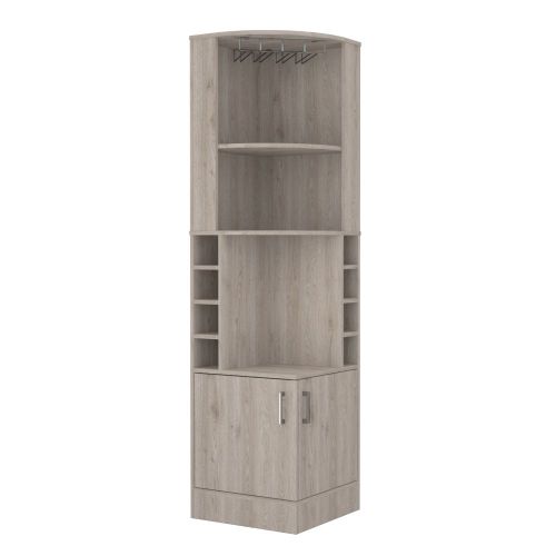 Corner Bar Cabinet, Eight Bottle Cubbies, Double Door, Two Open Shelves