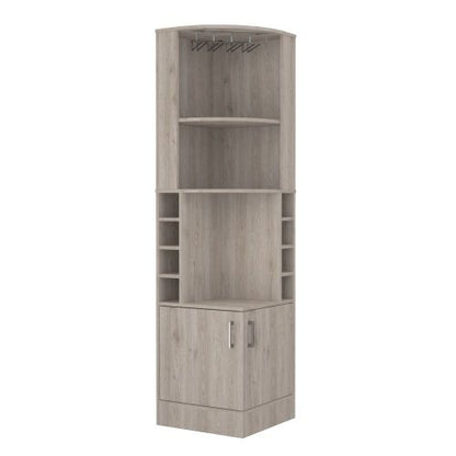 Corner Bar Cabinet, Eight Bottle Cubbies, Double Door, Two Open Shelves
