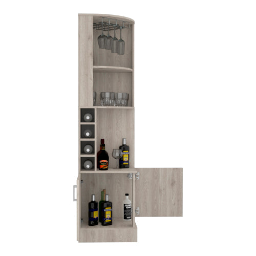 Corner Bar Cabinet, Eight Bottle Cubbies, Double Door, Two Open Shelves