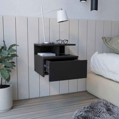 Black Floating Nightstand with Drawer & Shelves