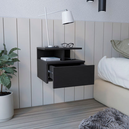 Black Floating Nightstand with Drawer & Shelves
