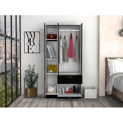 Armoire, Double Door Cabinets, One Drawer, Metal Rod, Five Shelves -Black / White