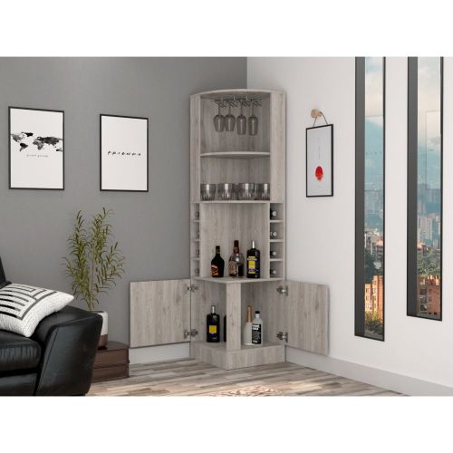 Corner Bar Cabinet, Eight Bottle Cubbies, Double Door, Two Open Shelves