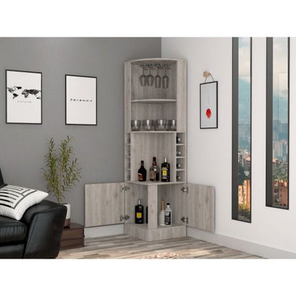 Corner Bar Cabinet, Eight Bottle Cubbies, Double Door, Two Open Shelves