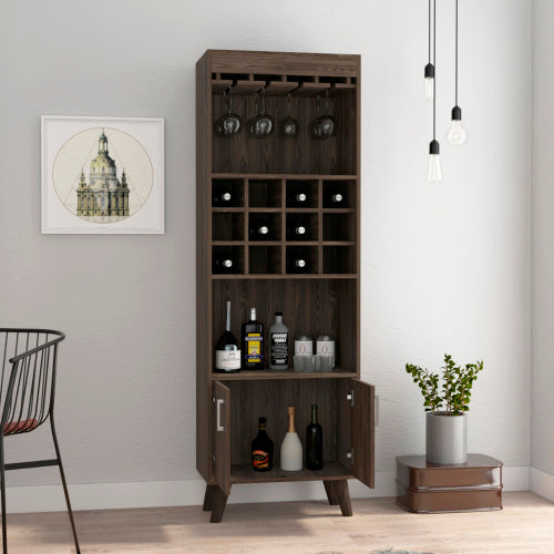 Bar Cabinet, Twelve Built-in Wine Rack, Double Door Cabinet, Two Shelves -Dark Walnut