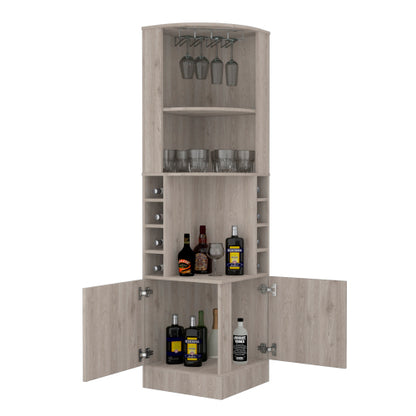 Corner Bar Cabinet, Eight Bottle Cubbies, Double Door, Two Open Shelves