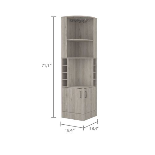 Corner Bar Cabinet, Eight Bottle Cubbies, Double Door, Two Open Shelves