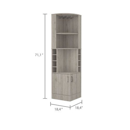 Corner Bar Cabinet, Eight Bottle Cubbies, Double Door, Two Open Shelves