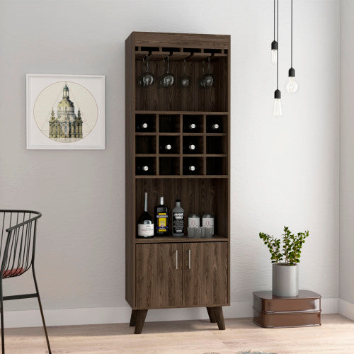 Bar Cabinet, Twelve Built-in Wine Rack, Double Door Cabinet, Two Shelves -Dark Walnut