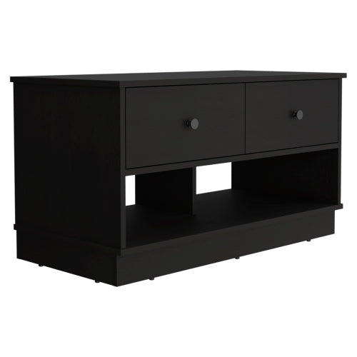 Storage Bench, Two Open Shelves, Two Drawers -Black