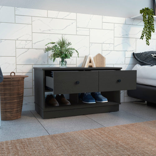 Storage Bench, Two Open Shelves, Two Drawers -Black