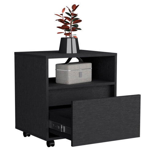 Black Mobile Nightstand with Casters, Handle-Free 1 Drawer & Divided Shelf