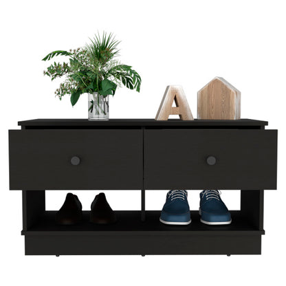 Storage Bench, Two Open Shelves, Two Drawers -Black