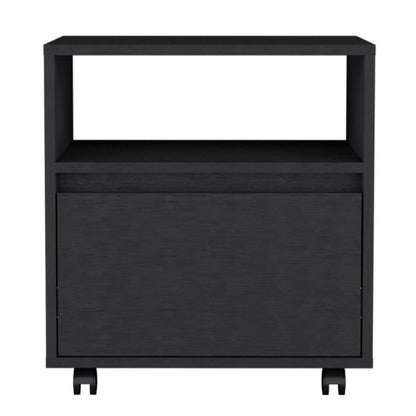 Black Mobile Nightstand with Casters, Handle-Free 1 Drawer & Divided Shelf