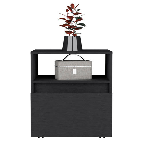 Black Mobile Nightstand with Casters, Handle-Free 1 Drawer & Divided Shelf