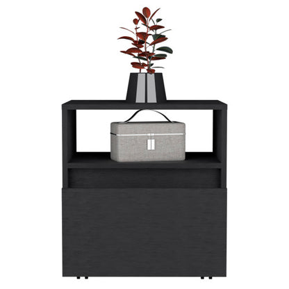 Black Mobile Nightstand with Casters, Handle-Free 1 Drawer & Divided Shelf