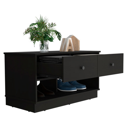 Storage Bench, Two Open Shelves, Two Drawers -Black