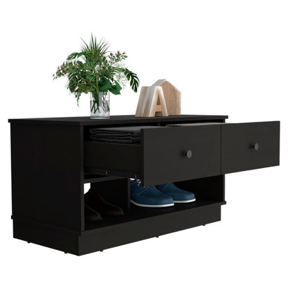 Storage Bench, Two Open Shelves, Two Drawers -Black