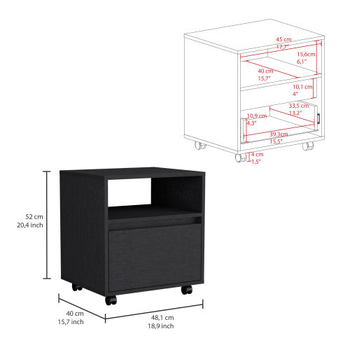 Black Mobile Nightstand with Casters, Handle-Free 1 Drawer & Divided Shelf