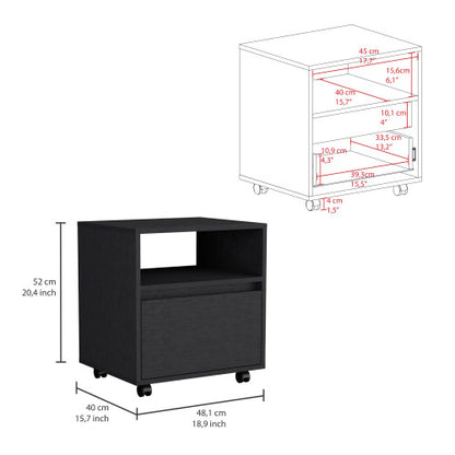 Black Mobile Nightstand with Casters, Handle-Free 1 Drawer & Divided Shelf