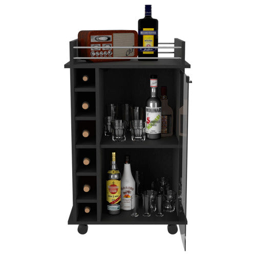 Bar Cart, Two Tier Cabinet With Glass Door, Six Wine Cubbies, Black Wengue Finish