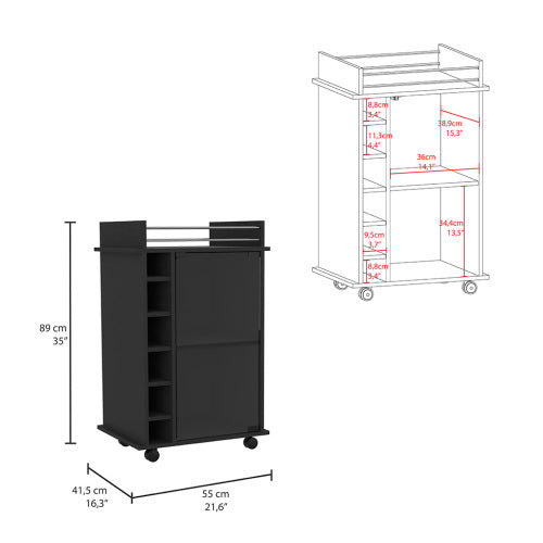 Bar Cart, Two Tier Cabinet With Glass Door, Six Wine Cubbies, Black Wengue Finish
