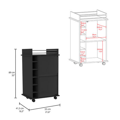 Bar Cart, Two Tier Cabinet With Glass Door, Six Wine Cubbies, Black Wengue Finish