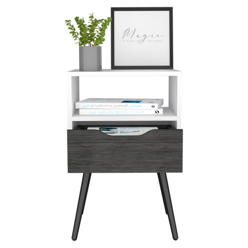 Smokey Oak White Nightstand with Drawer and Open Shelf, Modern Bedside Table