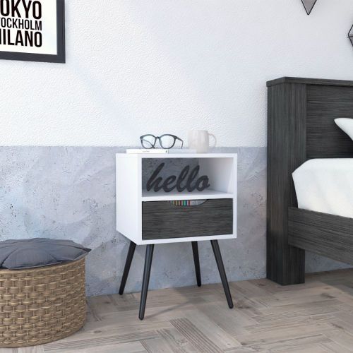Smokey Oak White Nightstand with Drawer and Open Shelf, Modern Bedside Table
