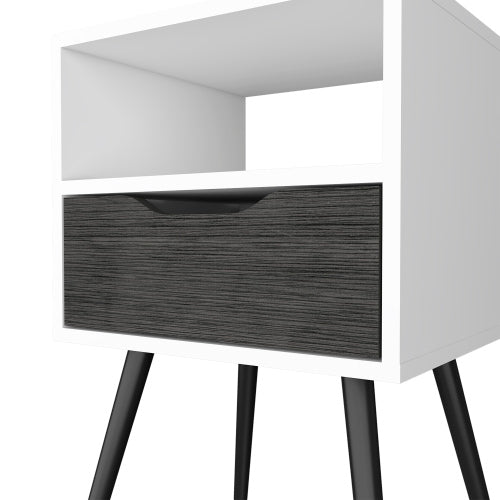 Smokey Oak White Nightstand with Drawer and Open Shelf, Modern Bedside Table