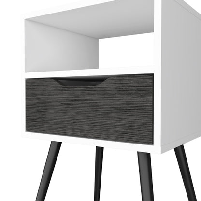 Smokey Oak White Nightstand with Drawer and Open Shelf, Modern Bedside Table